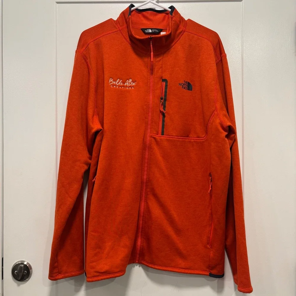 The North Face Mens XL Orange Full Zip Fleece Jacket Belle Aire Creations Logo